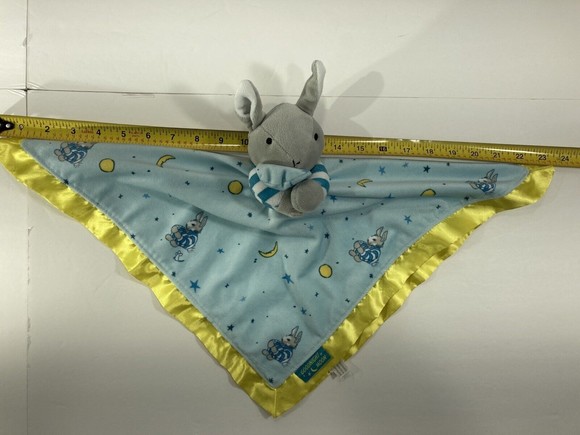 Goodnight Moon Bunny Rabbit Lovey Security Toy Plush Blanket Blue Yellow Satin - Picture 9 of 12